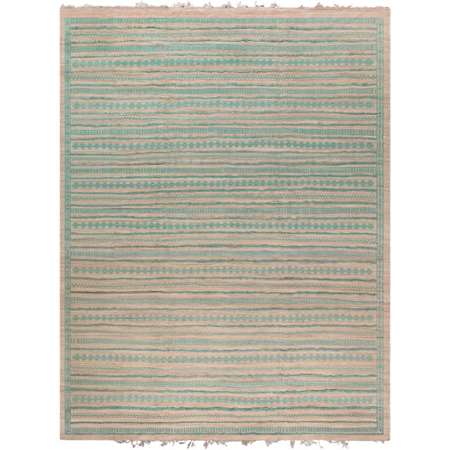 Modern Warm Tan With Teal Striped Handmade Rug "Aquastria" by Doris Leslie Blau For Sale