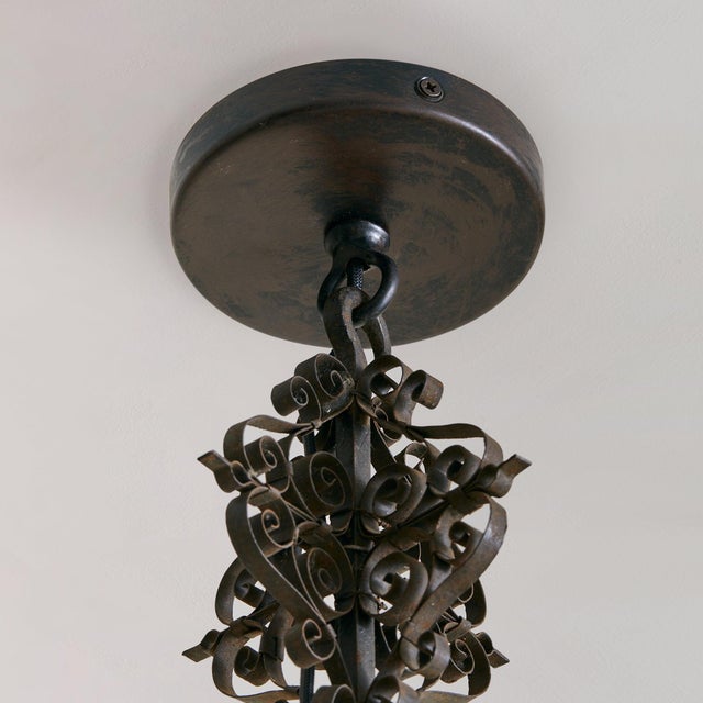 Metal Early 1900s Italian Wrought Iron + Glass Lantern Pendant For Sale - Image 7 of 8