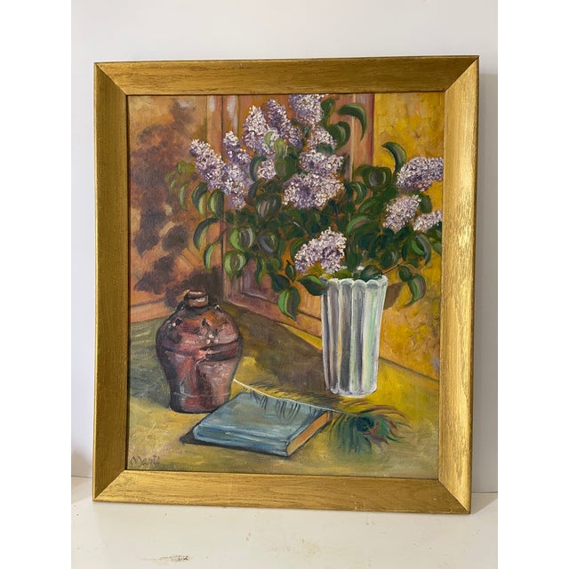 Post modern oil on canvas painting Bouquet of Lilacs still life. Signed Marty, dated verso 1987z in original gold tone frame.