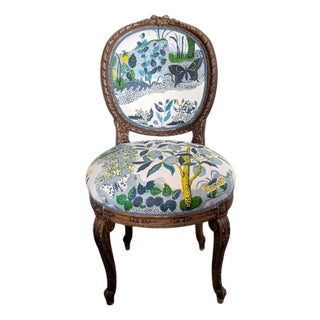 Vintage French Side Chair Freshly Upholstered in Schumacher Citrus Garden in Pool For Sale