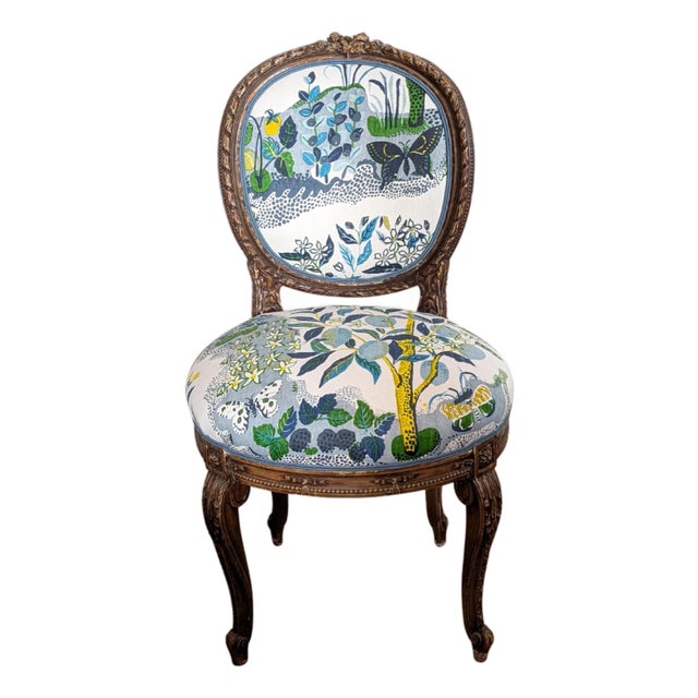 Vintage French Side Chair Freshly Upholstered in Schumacher Citrus Garden in Pool For Sale