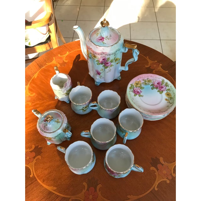 Antique Hand Painted Chocolate & Tea Set for 6 / 17 Pieces/Reduced