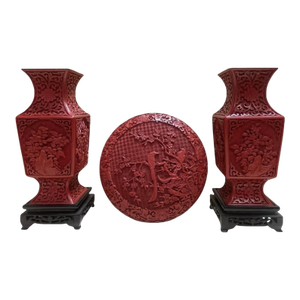 Mid 20th Century Elegant Set of Three Chinese Cinnabar Pieces-Pair Tall Vases-Round Covered Box