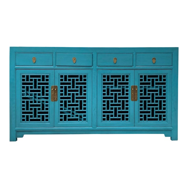Asian Pastel Blue Shutter Doors Hardware Sideboard Credenza Console Cabinet For Sale