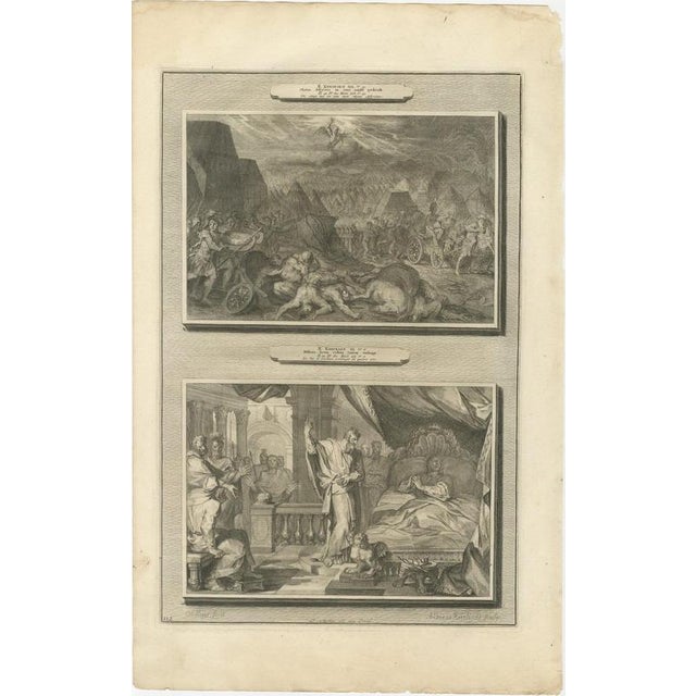 Baroque Pieter Mortier, Angel Destroys the Assyrian Army and Hezekiah's Recovery, 1700, Engraving For Sale - Image 3 of 12