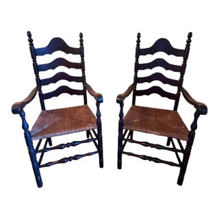 Antique French Country Ladderback Chairs With Rush Seats, Pair, Late 19th Century For Sale
