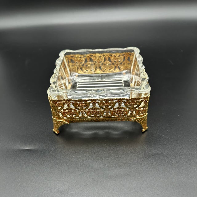 Mid 20th Century Vintage Hollywood Regency Ormolu Filigree Gold Gilt Vanity Accessories Set Perfume Bottles & Soap Dish 3 Pieces For Sale - Image 5 of 12