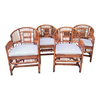 1980s Set of 4 Brighton Pavilion Style Rattan Barrel Back Armchairs With New Upholstered Cushions For Sale