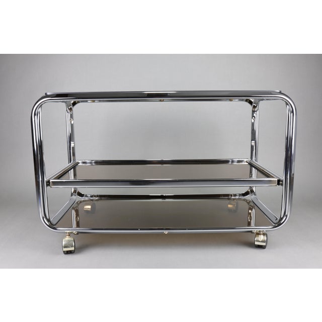 Vintage Chrome & Smoked Glass Trolley on Wheels, 1970s For Sale - Image 4 of 12
