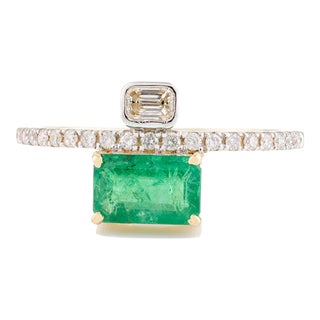 East West Octagon Emerald & Diamond Wedding Ring Size 7 For Sale