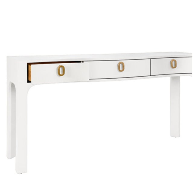 Worlds Away Matthew Izzo Home Sabrina Textured White Linen Curved Front, Three Drawer Console Table With Glass Top and Satin Brass Ring Hardware For Sale - Image 4 of 9