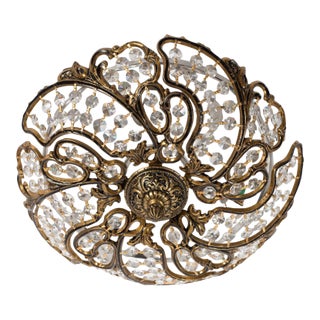 1950s Brass & Crystal Flush Mount Ceiling Light For Sale