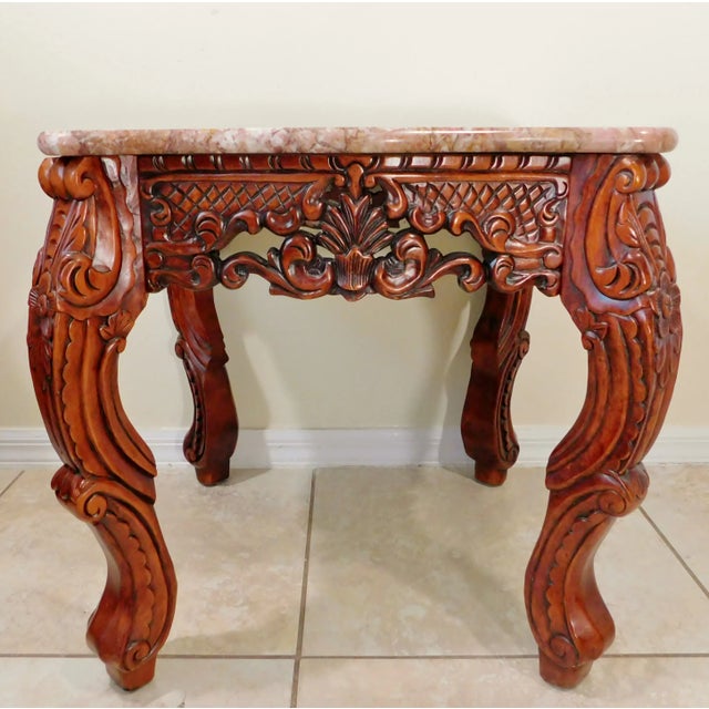 Vintage Chinese Heavily Carved Rosewood Pink Marble Top Side/End Accent Table For Sale In West Palm - Image 6 of 10