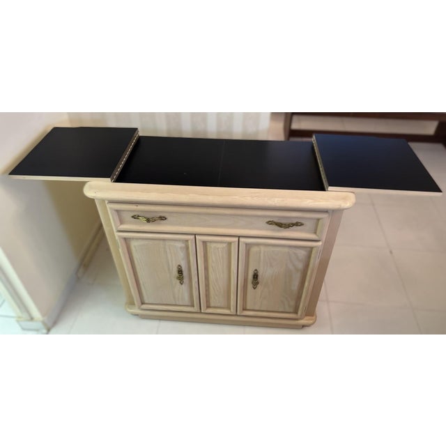 Mid-Century Modern Vintage Broyhill MCM Pickled White Oakwood Flip Top Bar Cabinet or Buffet Server For Sale - Image 3 of 15