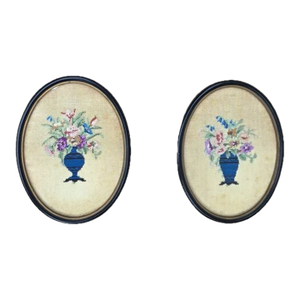 Vintage Pair Oval Floral Bouquet Needlepoints