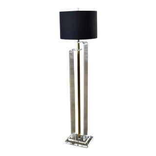 Vintage Mid-Century Modern Art Deco or Hollywood Regency Floor Lamp Lucite and Brass Plate Black Shade For Sale