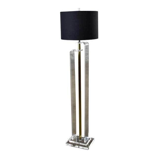 Vintage Mid-Century Modern Art Deco or Hollywood Regency Floor Lamp Lucite and Brass Plate Black Shade For Sale