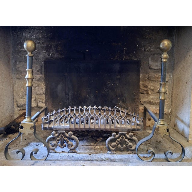 Metal Andirons with Fireplace Log Holders in Wrought Iron and Brass, 1800s, Set of 3 For Sale - Image 7 of 8