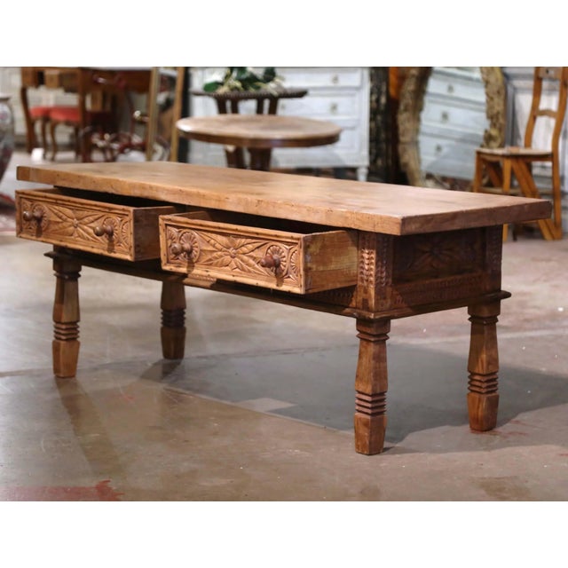 19th Century Spanish Carved Bleached Walnut Two Drawers Cocktail Coffee Table For Sale - Image 9 of 12