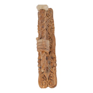 Vintage Hand-Carved Wooden Wall Candle Holder | Folk Art Rustic Architectural Wall Sculpture For Sale