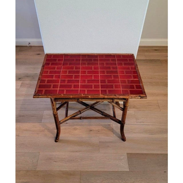 19th Century Victorian Era Chinoiserie Japonism Bamboo Burgundy Red Ceramic Tiled Tray Table For Sale - Image 13 of 17