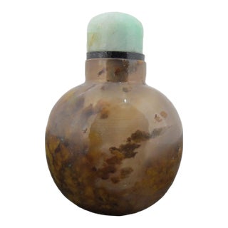 Antique Chinese Shadow Agate Green Jade Stopper Snuff Bottle For Sale