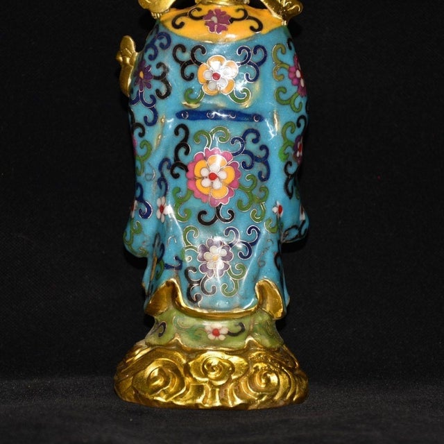 Turquoise Vintage Cloisonne Enamel God of Wealth Figure - Standing Statue - 26cm For Sale - Image 8 of 9