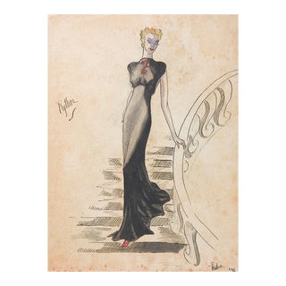 Vintage 1936 Womans Evening Gown Fashion Illustration Drawing For Sale