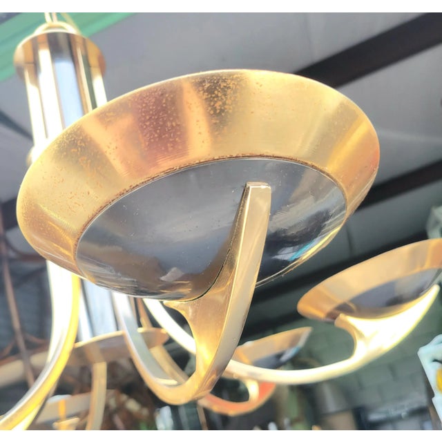 Vintage Brass Dark Smoky Metal 6 Light Mid Century Modern Pietro Chiesa Parzinger Style Chandelier For Sale - Image 11 of 15