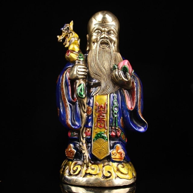 Late 19th Century Set of 3 Gilt Bronze and Enamel Fu Lu Shou Statues, 1.8kg Each For Sale - Image 4 of 9