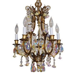 1950s French Darlingest 5 Lite Ab Prism Porcelain Rose Birdcage Chandelier For Sale