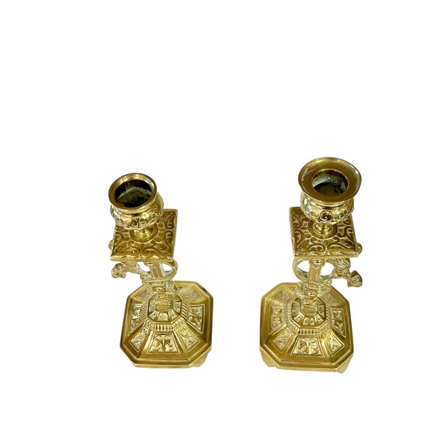 Pair Antique Late 19th Century French Brass Candlesticks With Curled Dragon For Sale - Image 4 of 17