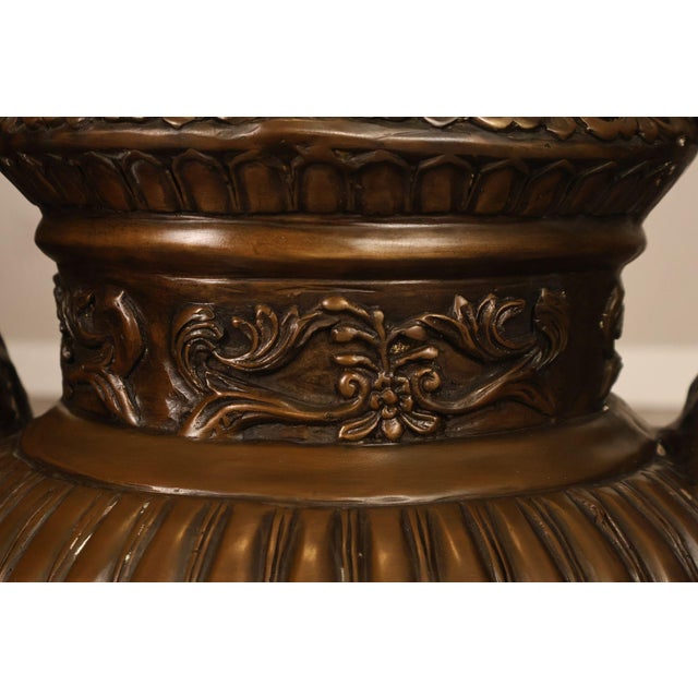 Neoclassical Style Large Pair Of Cast Bronze Covered Urns With Figural Relief For Sale In Philadelphia - Image 6 of 18