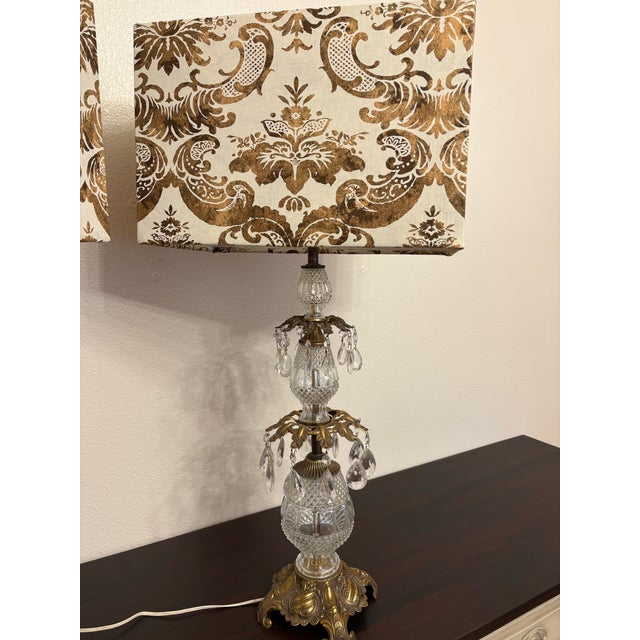 Hollywood Regency 1950s Hollywood Regency Hand Stamped Austrian Lamps Wifh Fortuny Fabric Lamp Shades, a Pair For Sale - Image 3 of 9