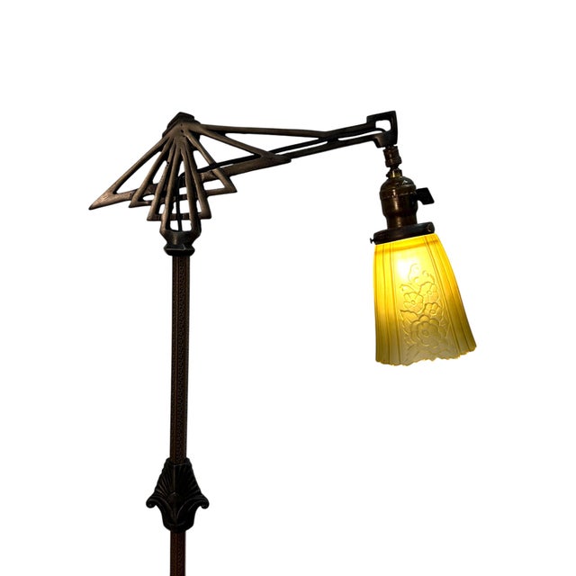 Brass and Cast Iron 1930s Depression Era Floor Lamp With Amber Art Deco Glass Shade #2619 For Sale - Image 4 of 11