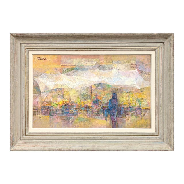 Late 20th Century Romeo Tabuena "Market Tents" Modern Abstract Pastel Toned Cubist Style Street Scene, 1971 For Sale - Image 5 of 12