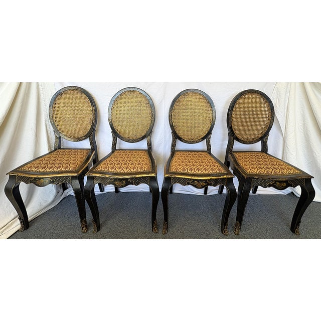 Hollywood Regency Antique English Chinoiserie Lacquer Chairs With Cane Backs and Brass Sabots- Set of 4 For Sale - Image 3 of 18