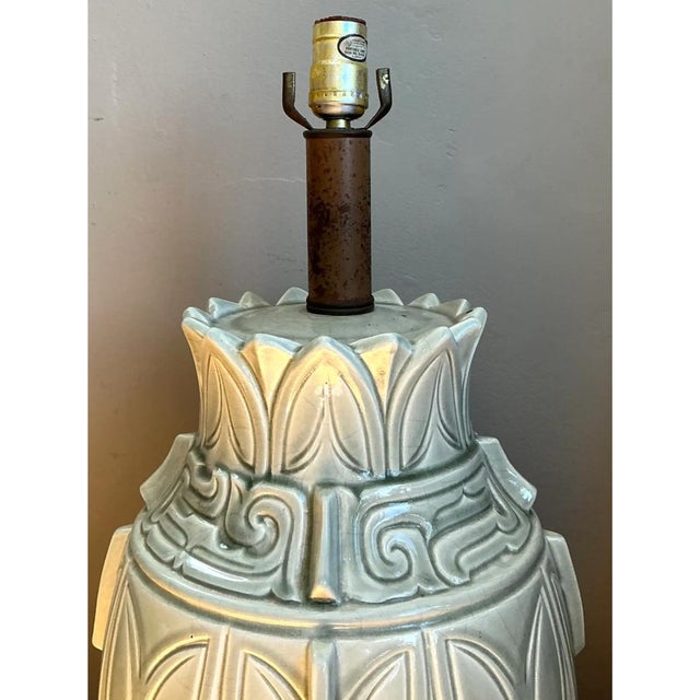 Vintage Glazed Ceramic Table Lamp With Wood Base For Sale - Image 11 of 12