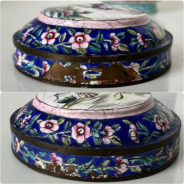 Antique Chinese Cloisonné Enamel Stacking Box – Qing Dynasty Influence, Three-Part Jar and Cover, Blue For Sale - Image 11 of 12