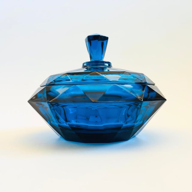 Mid-Century Modern Viking Glass Bluenique Diamond Point Lidded Bowl For Sale - Image 3 of 12