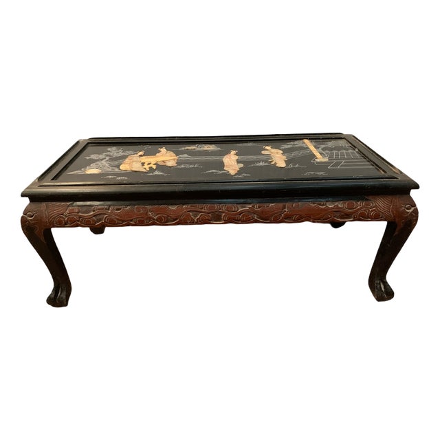 Antique Black Wooden Coffee Table with Chinoiserie Decoration, 1900s For Sale