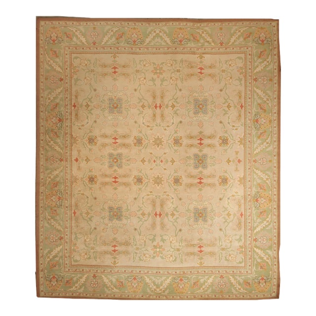 Oversized Vintage Oushak Rug in Beige & Green Floral Design - Rug & Kilim For Sale
