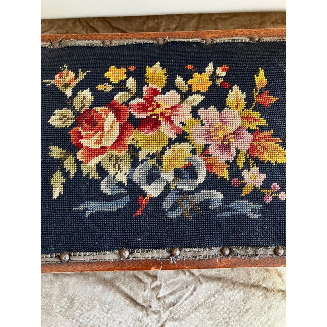 Victorian 19th Century Antique Walnut Footstool With Floral Needlepoint Cushion For Sale - Image 3 of 18