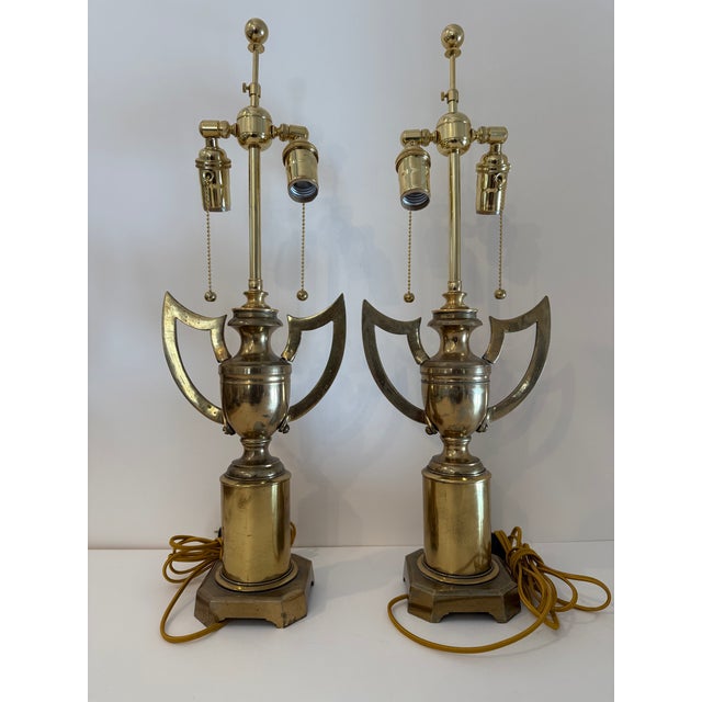 Pair of Vintage English Brass Trophy Form Winged Urn Lamps For Sale - Image 9 of 16