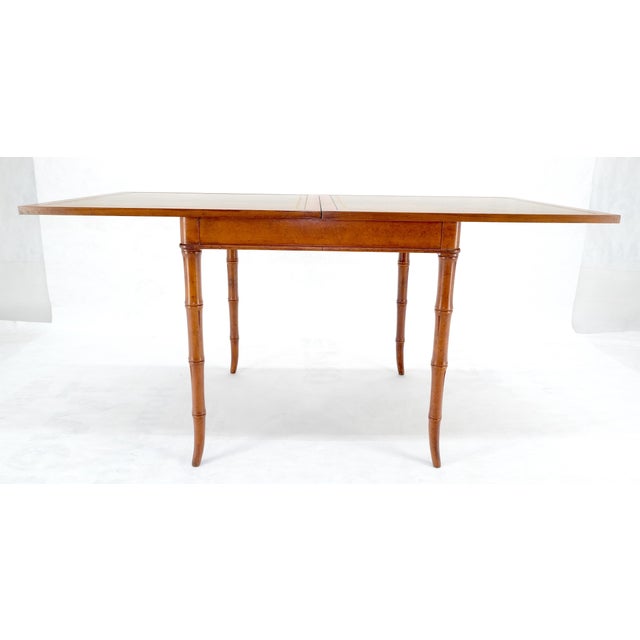 Tangerine Fine Olive Green Leather Top Faux Bamboo Legs Flip Game Dining Table MINT For Sale - Image 8 of 14
