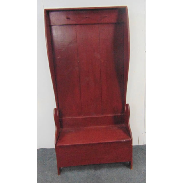 Rustic Settle Style Hall Bench, custom made , pine with red painted finish , lift seat for additional storage , 3 pegs...