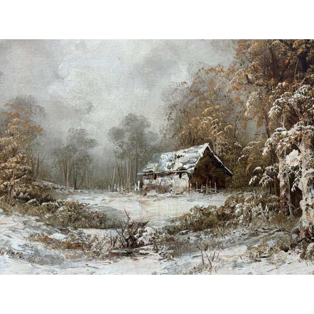 Cabin Snowy Cabin in the Woods - A Serene Winter Landscape Vintage Oil Painting 1975 Circa For Sale - Image 3 of 12