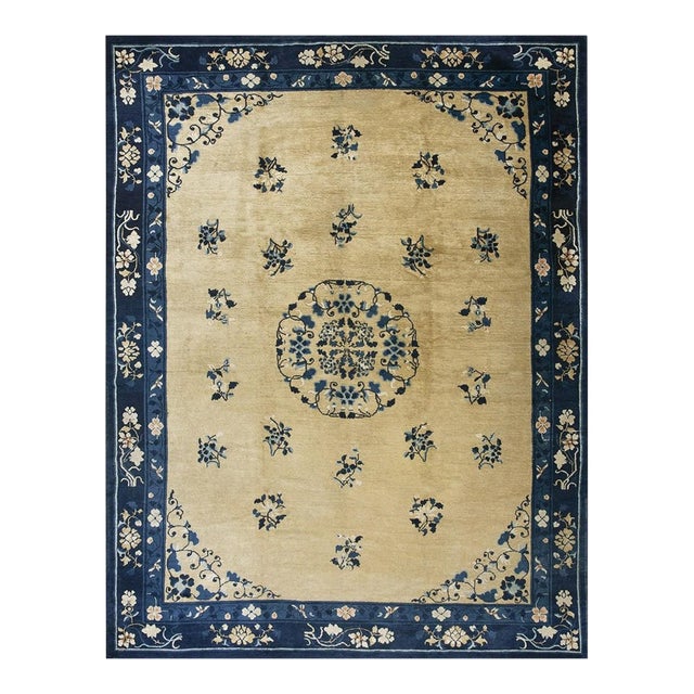 1920s Antique Ivory Field Floral Wool Knotted Chinese Peking Rug 9' 1"x 11' 9" For Sale