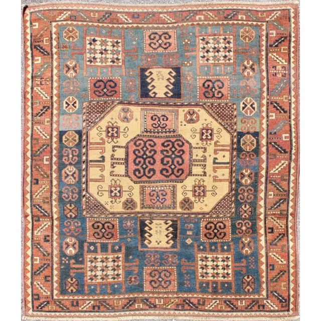 Textile Antique Caucasian Karachopt Rug Large Rug in Blue, Salmon Teal and Soft Yellow 6'1 X 7'0 For Sale - Image 7 of 7