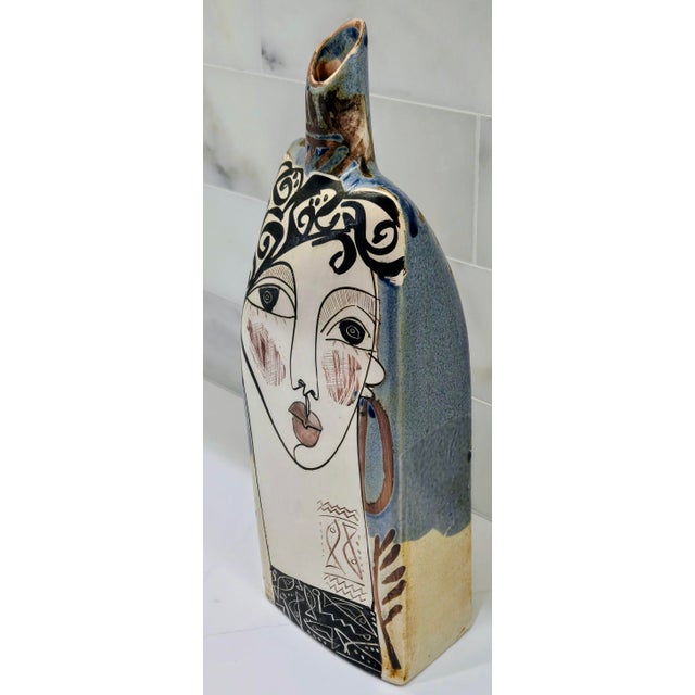 Spanish Alfajar Ceramica Spanish Hand Painted Modernist Face Sgraffito Stoneware Vase For Sale - Image 3 of 14